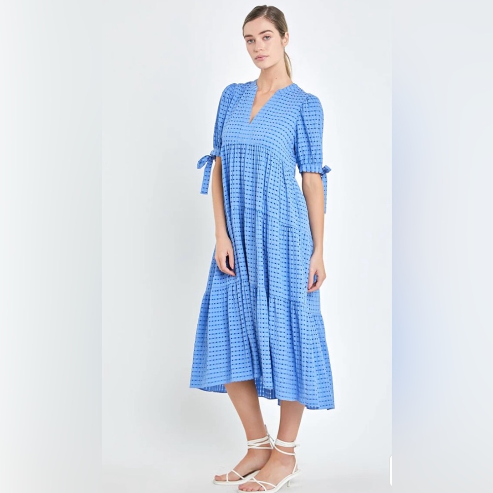 English Factory Gingham Tiered Midi Dress With Bow Puff Sleeve Maxi Sundress NWT - Picture 3 of 17